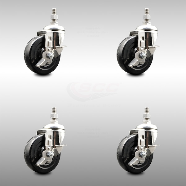 Service Caster 4 Inch 316SS Soft Rubber Wheel Swivel 10mm Threaded Stem Caster Set Brake SCC-SS316TS20S414-SRS-TLB-M1015-4 - main